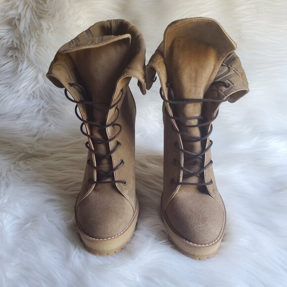 Carolina Herrera Brown Suede Platform Wedge Lace Up Boots SZ 8.5 - Picture 4 of 14